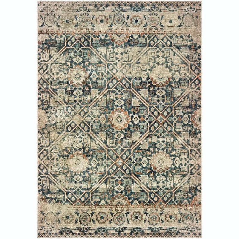 Ivory and Blue Rectangular Oriental Synthetic Area Rug