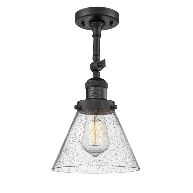 Matte Black Industrial Semi-Flush Mount Light with Seedy Glass Shade