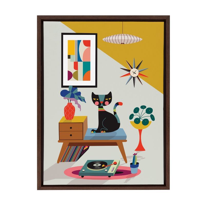 Colorful Boho Cat and Record Player Canvas Art, 18x24