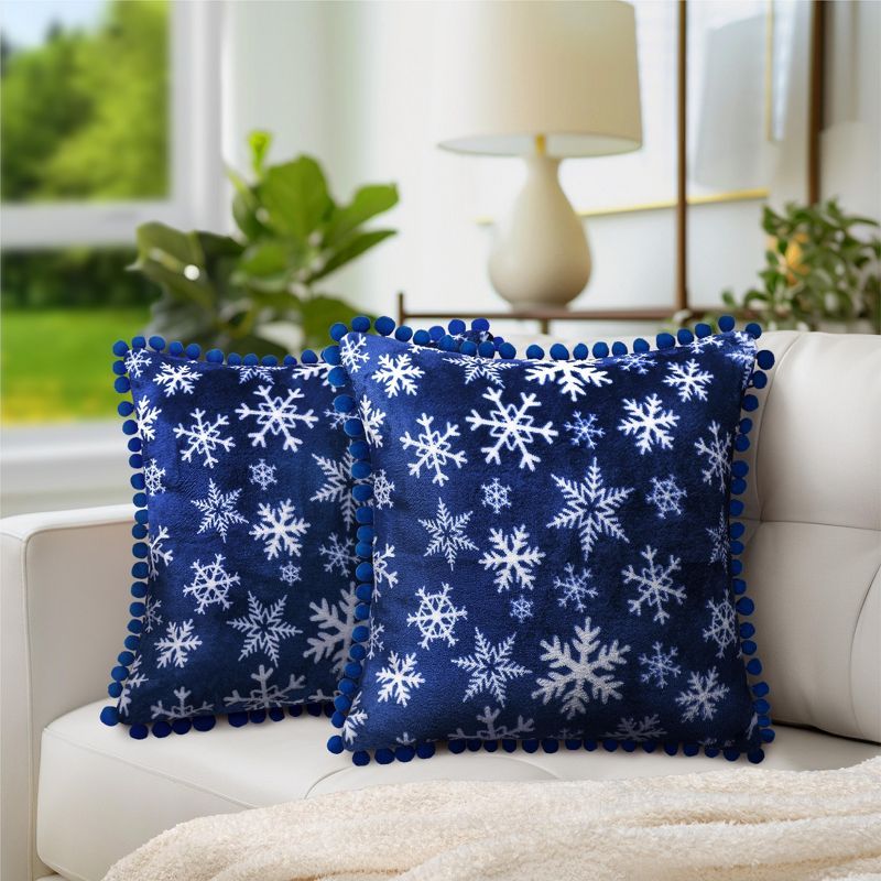 Snowflake Blue Velvet Pom Pom Throw Pillow Covers, 18x18, Set of 2