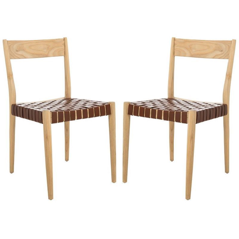 Eluned Cognac Leather and Natural Wood Upholstered Side Chair Set