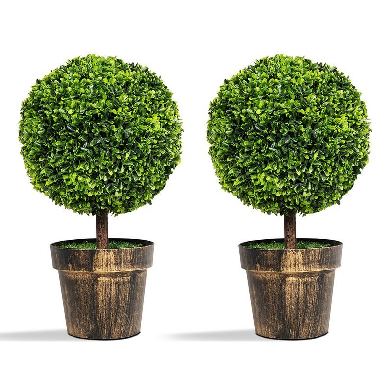 22" Green Artificial Boxwood Topiary Trees in Bronze Cement Pots, Set of 2