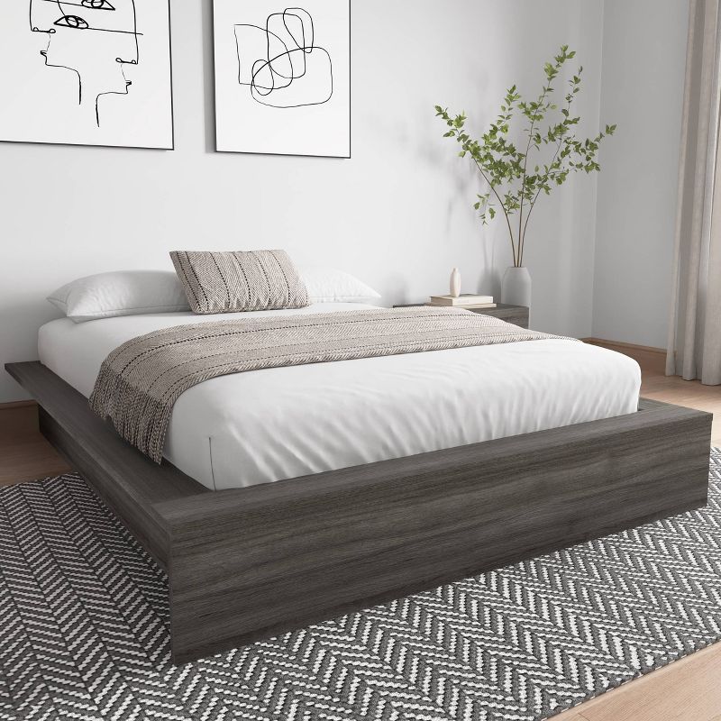 Gray Queen Upholstered Platform Bed with Engineered Wood Frame