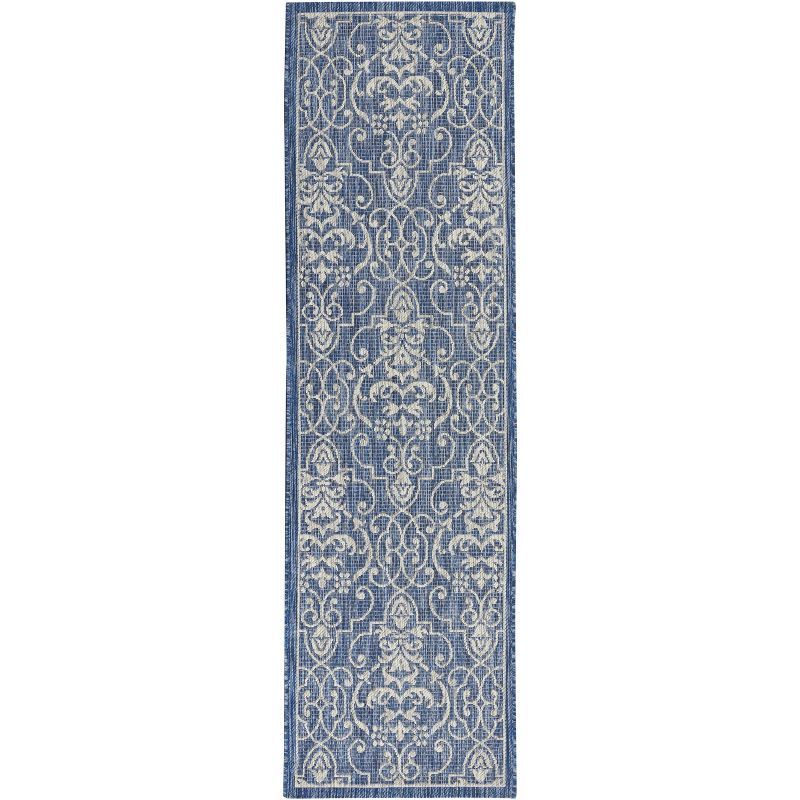 Timeless Denim and White Party Scroll 2'2" x 7'6" Indoor/Outdoor Rug