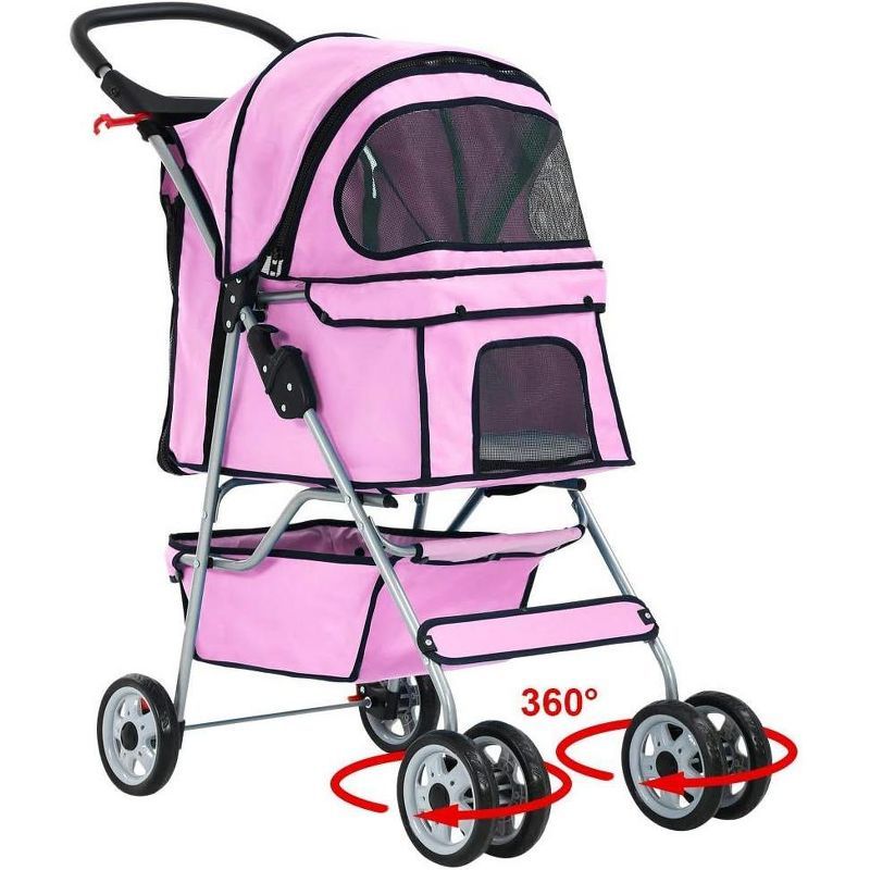 Pink 4-Wheel Pet Stroller with Mesh Windows