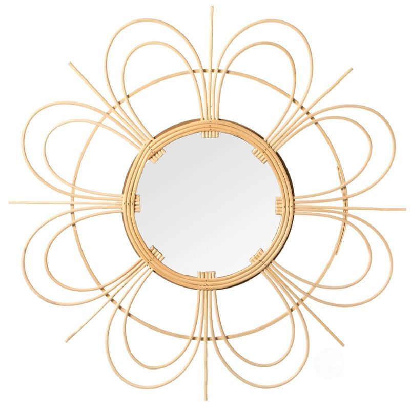 Flower Shape Woven Rattan Wood Round Sunburst Wall Mirror