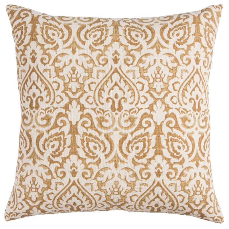 22" Gold and Ivory Damask Cotton Square Throw Pillow