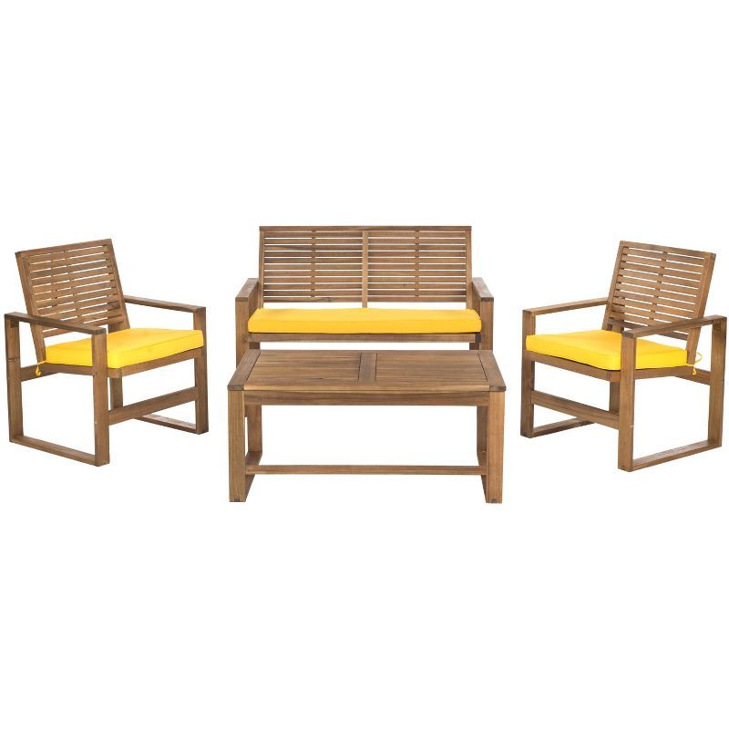 Ozark Brown Acacia 4-Piece Outdoor Patio Set with Yellow Cushions