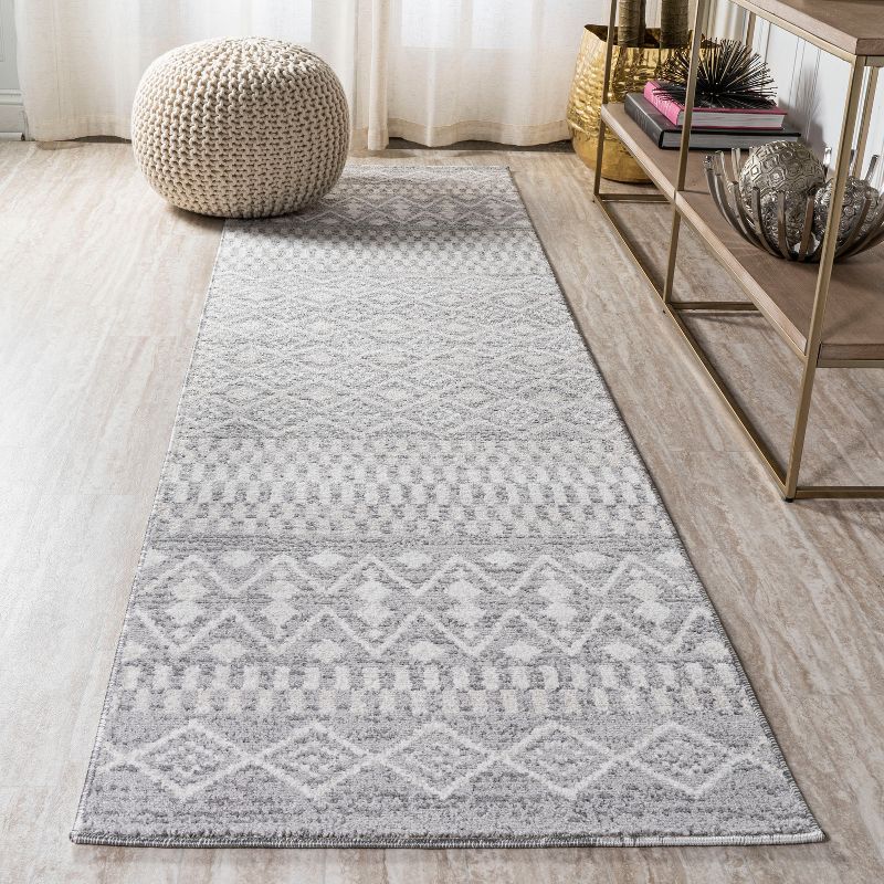 Gray and Cream Geometric Stripe Synthetic Runner Rug, 2 x 8