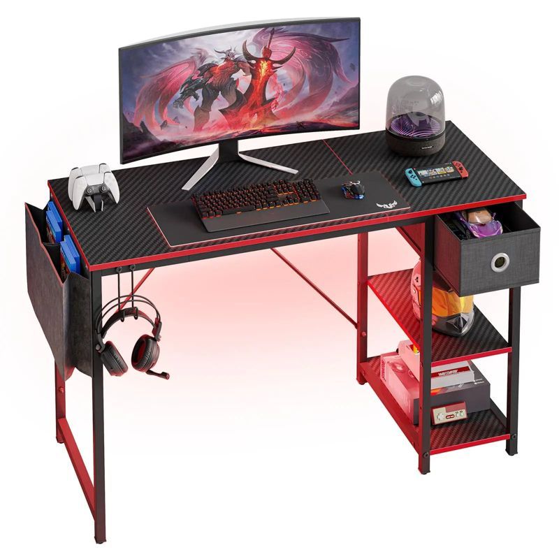 Black 47-Inch Gaming Desk with LED Lights and Storage