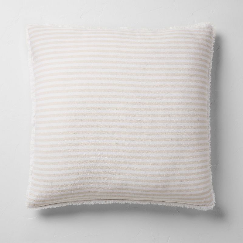 Euro 26''x26'' Beige and White Linen Blend Stripe Throw Pillow