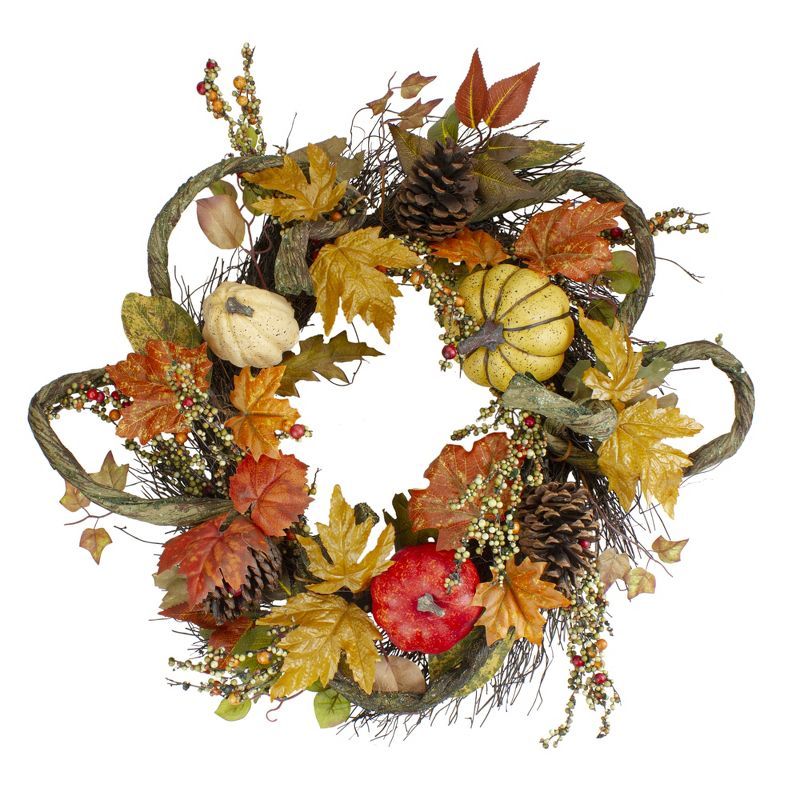 24" Autumn Harvest Wreath with Sunflowers, Pumpkins, and Pine Cones