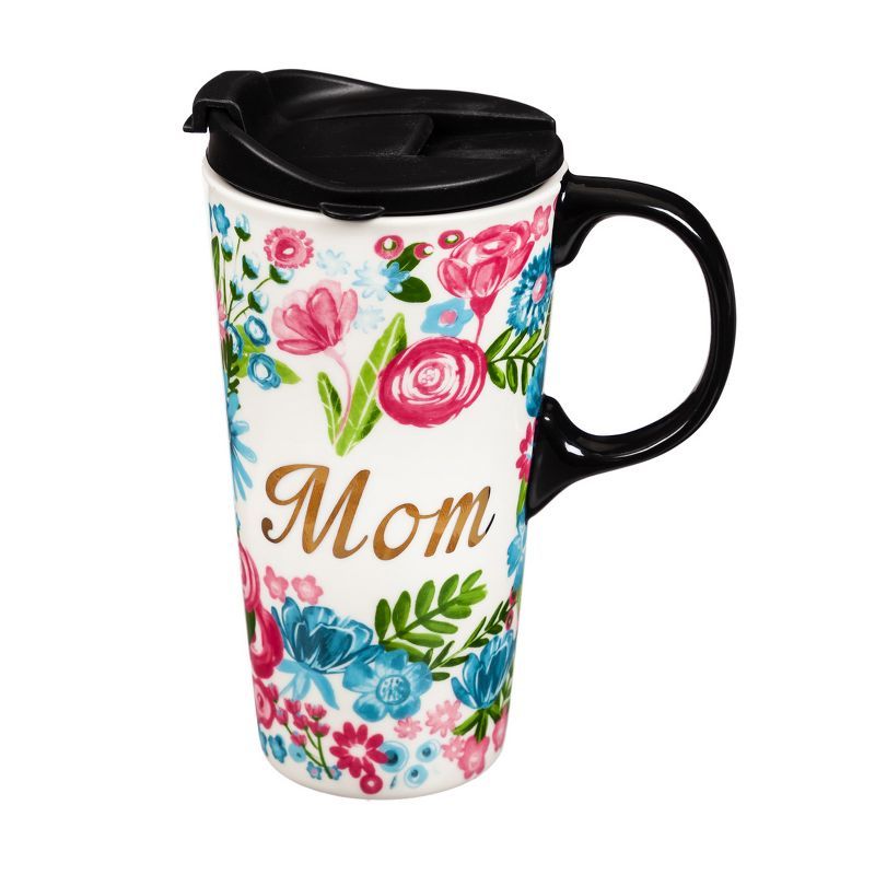 Floral Mom Ceramic Travel Mug with Black Handle and Lid