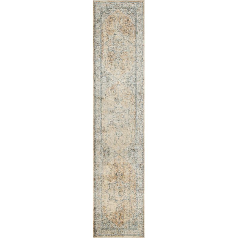 Beige Blue Synthetic Medallion Runner Rug 2'2" x 10'