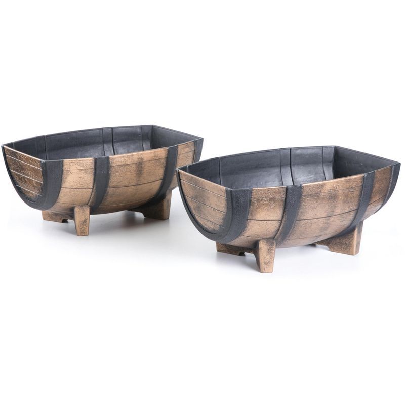 Rustic Brown and Black Plastic Half Barrel Planter Set