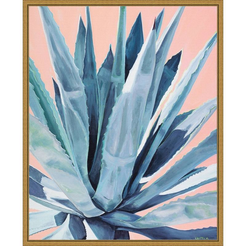 Agave with Coral Framed Canvas Wall Art in Gold Frame