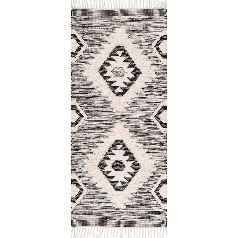 Savannah Moroccan Black Wool Shag Rug with Geometric Pattern
