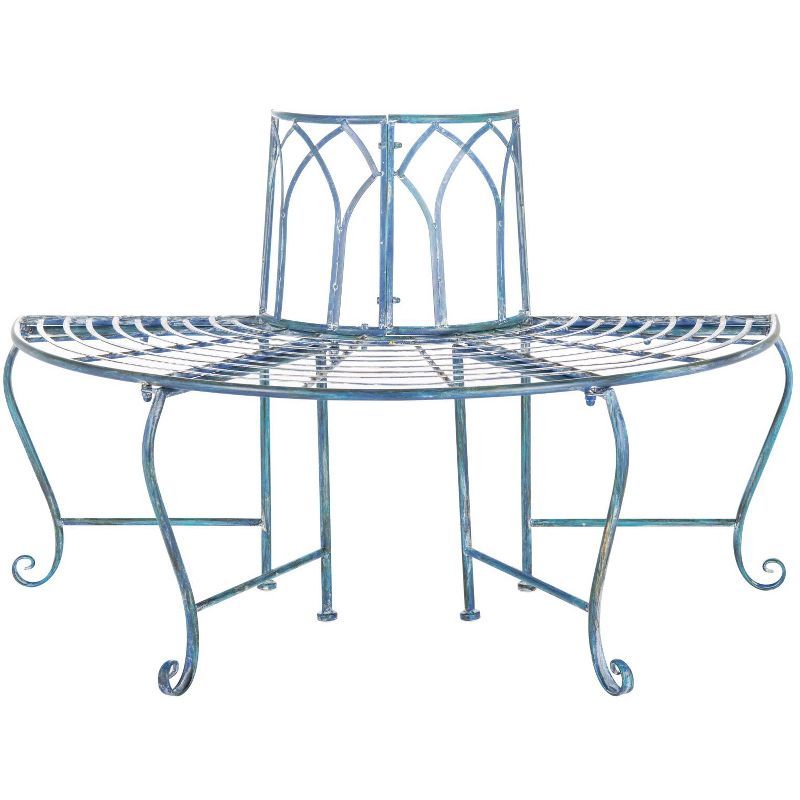 Antique Blue Wrought Iron 49" Outdoor Tree Bench with Victorian Scroll Details