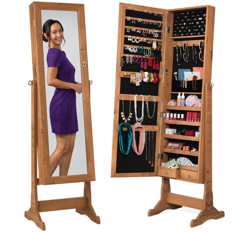 Rustic Brown Full Length Mirror Jewelry Armoire Cabinet