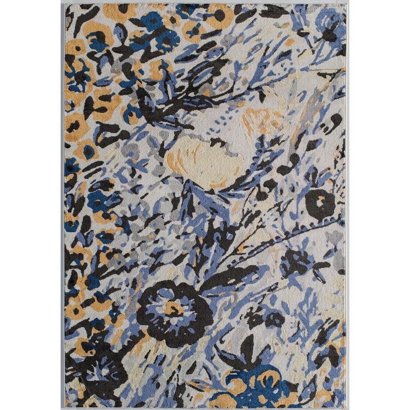 Blue Floral Synthetic 9' x 12' Stain-Resistant Area Rug