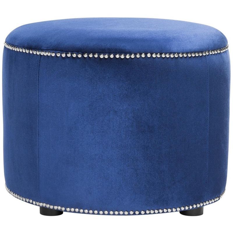 Transitional Royal Blue Velvet Round Ottoman with Nailhead Trim