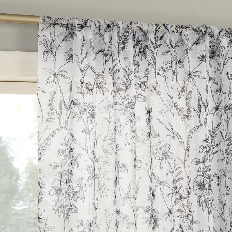 Black and White Floral Sheer Rod Pocket Curtain Panel 51" x 63"