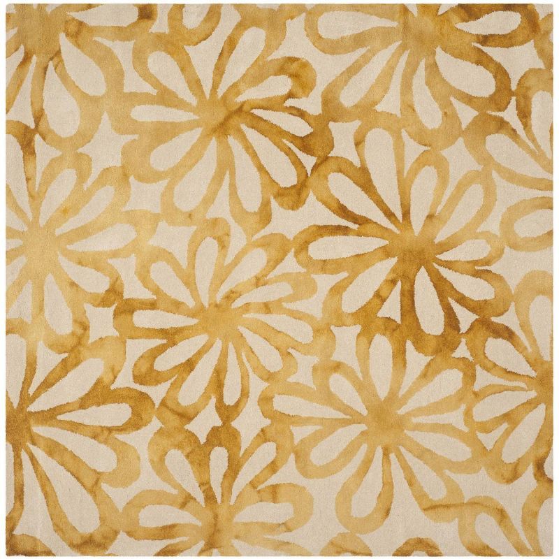 Beige and Gold 5' Square Hand-Tufted Wool Area Rug