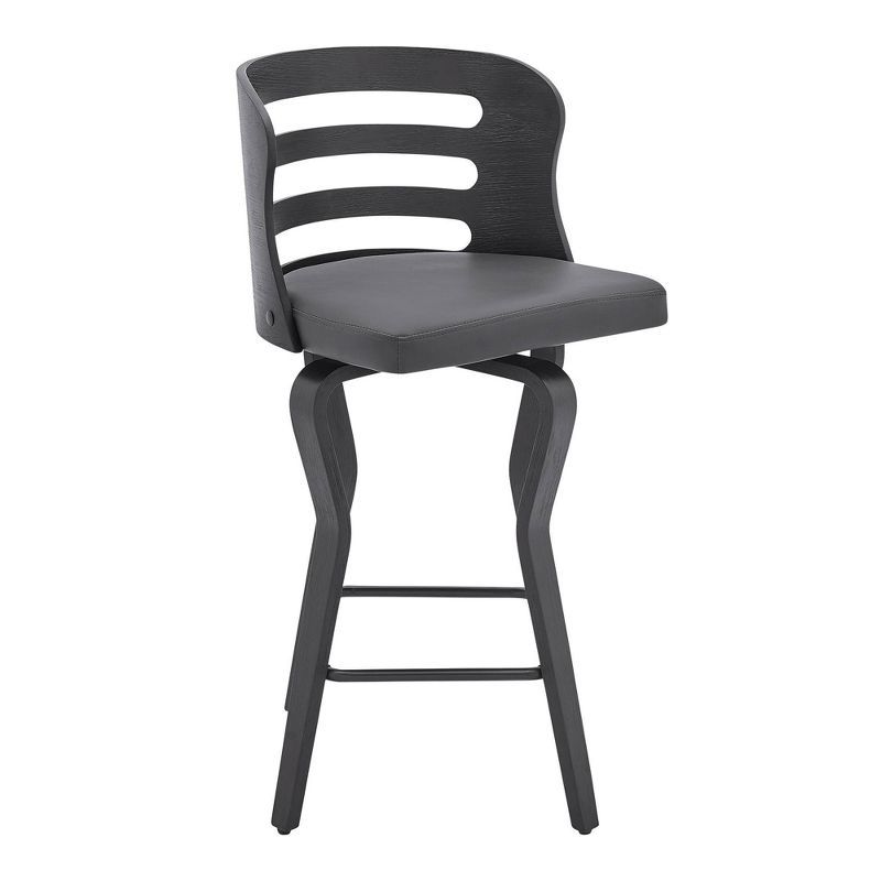 Transitional Gray Faux Leather Swivel Bar Stool with Black Wood