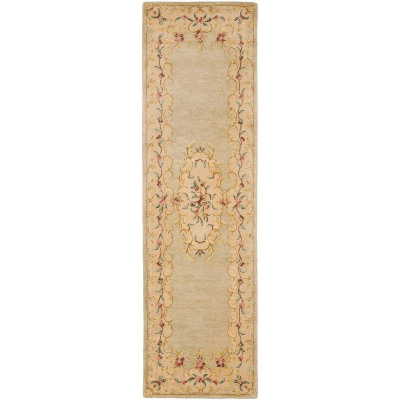 Bergama Light Green and Beige Wool Runner Rug