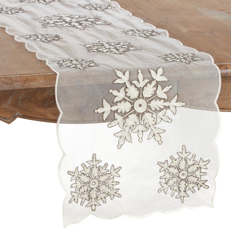 White Beaded and Embroidered Snowflake Table Runner