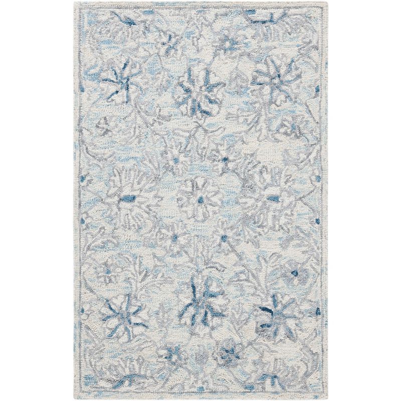 Light Blue and Ivory Hand-Tufted Wool Floral Runner Rug