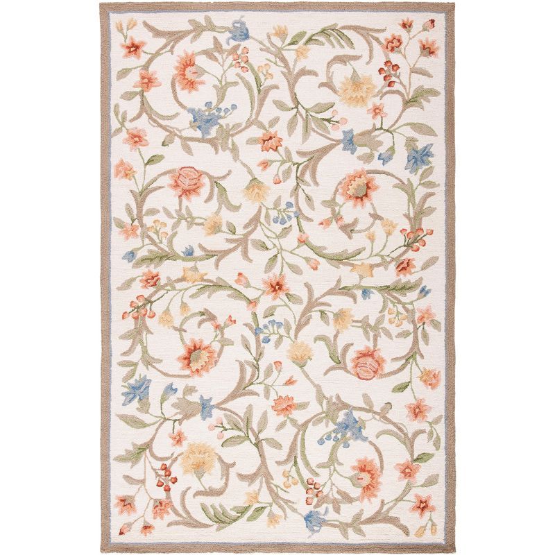 Ivory Floral Hand-Hooked Wool Area Rug, 5'3" x 8'3"