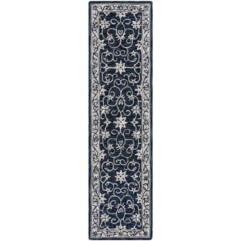 Navy and Ivory Floral Wool Hand-Tufted Runner Rug, 2'3" x 9'