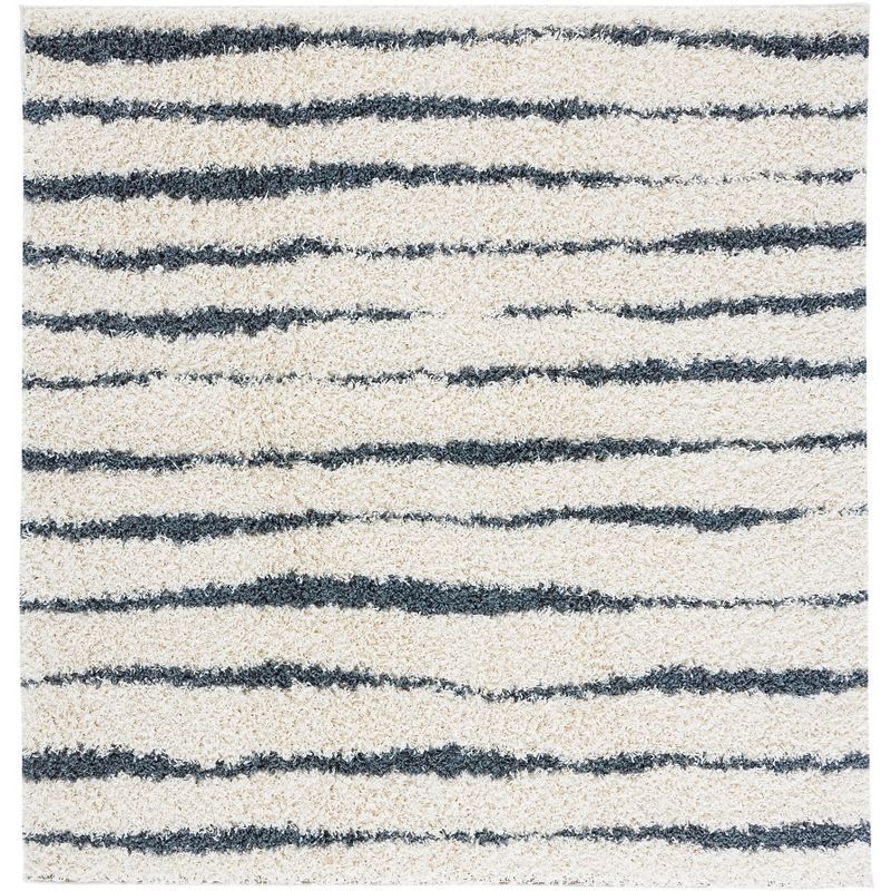 Sophie Striped Shag Square Rug in Ivory and Dark Grey - 5'3"