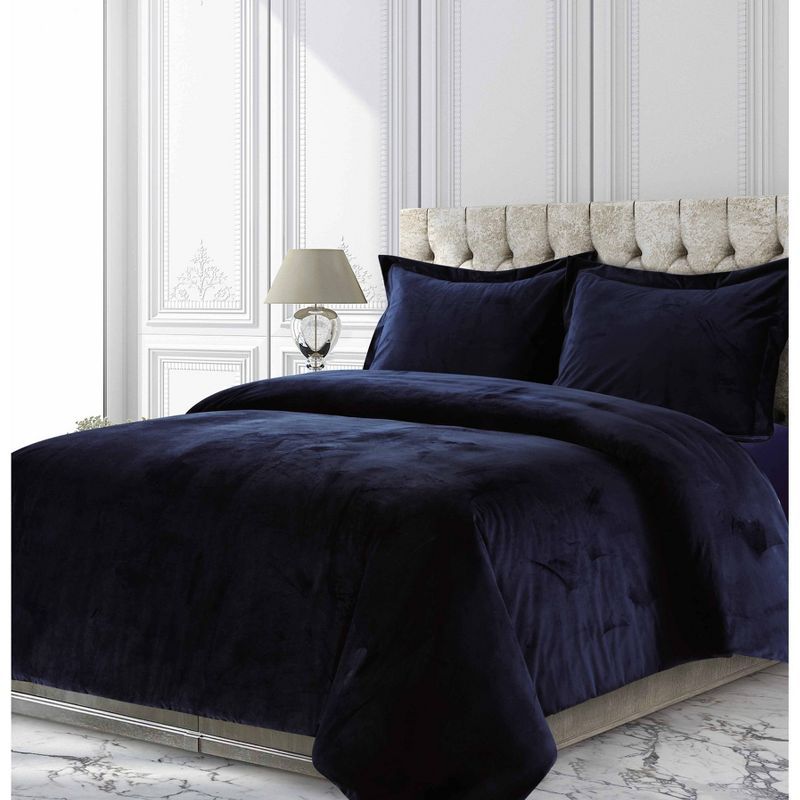 Navy Blue Velvet Queen Bedspread Cover Set