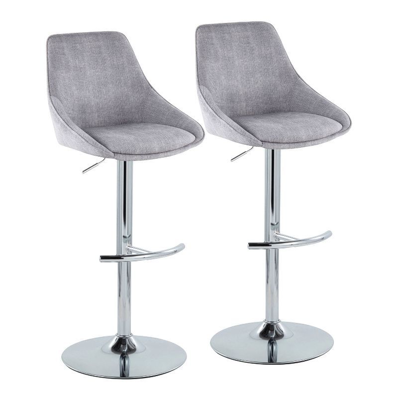 Set of 2 Adjustable Chrome and Gray Corduroy Bar Stools