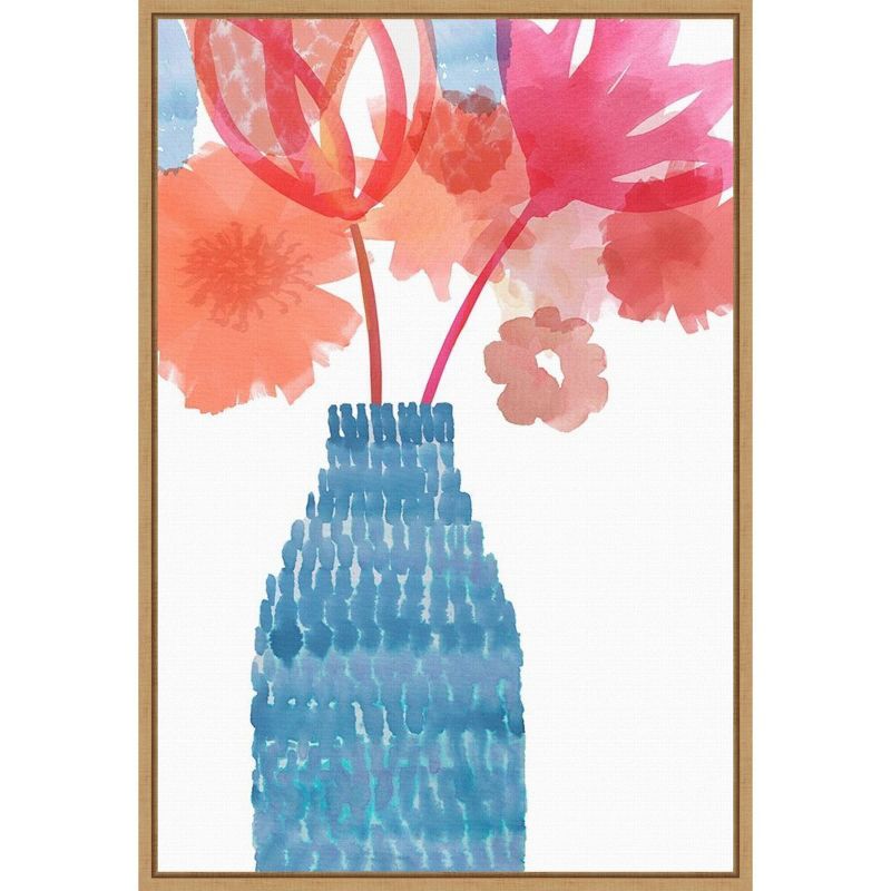 27" x 19" Coral Pink Floral Canvas Print with Teal Vase