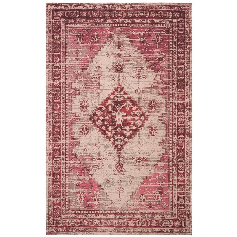 Fuchsia and Beige Floral Motif Cotton Runner Rug