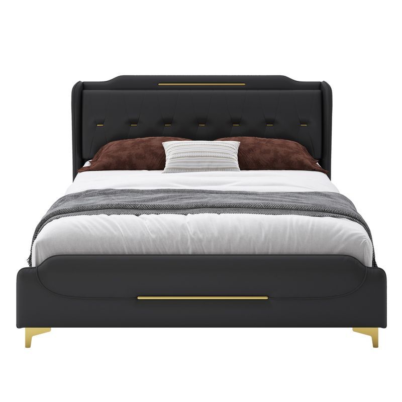 Black Faux Leather Queen Bed with Wingback Headboard and Gold Accents