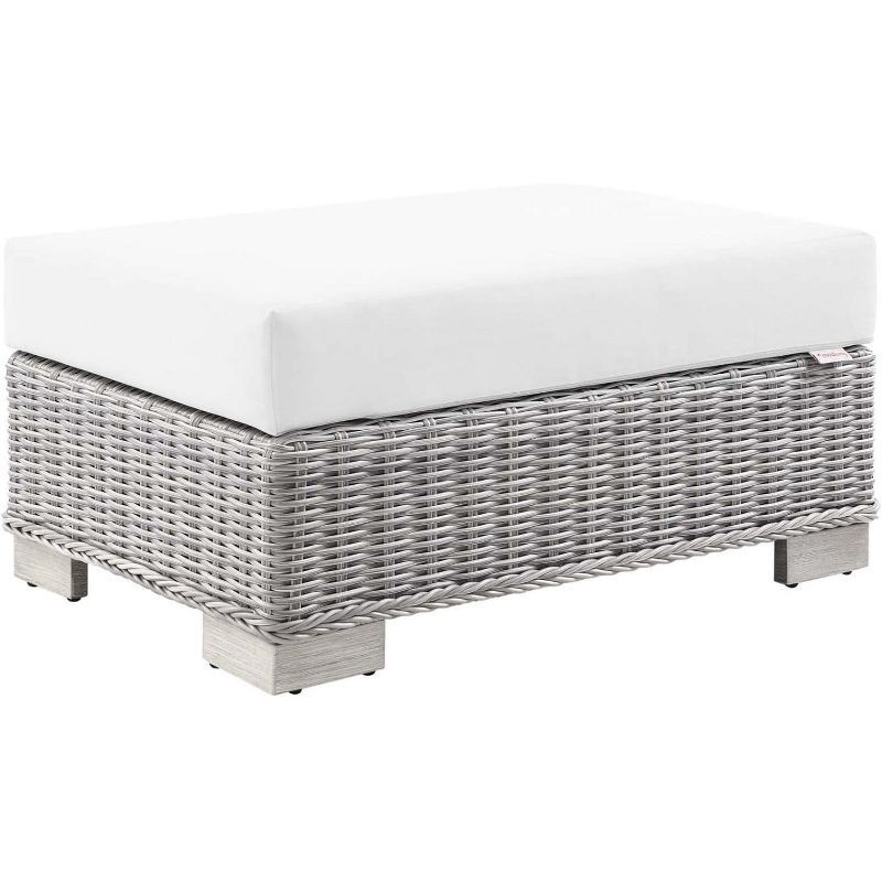 Light Gray Wicker Rattan Outdoor Patio Ottoman with White Cushion