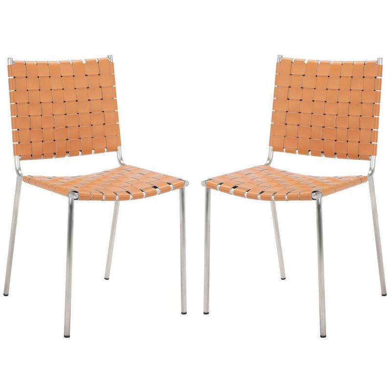 Cognac Leather & Silver Metal Upholstered Side Chair - Set of 2