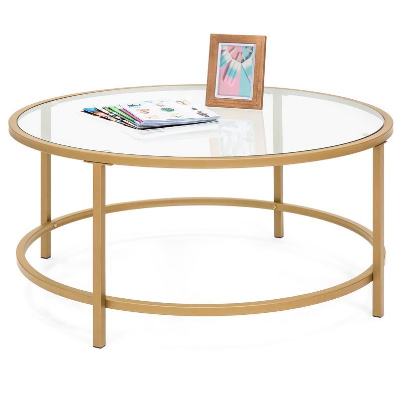 36'' Round Gold Metal and Glass Coffee Table