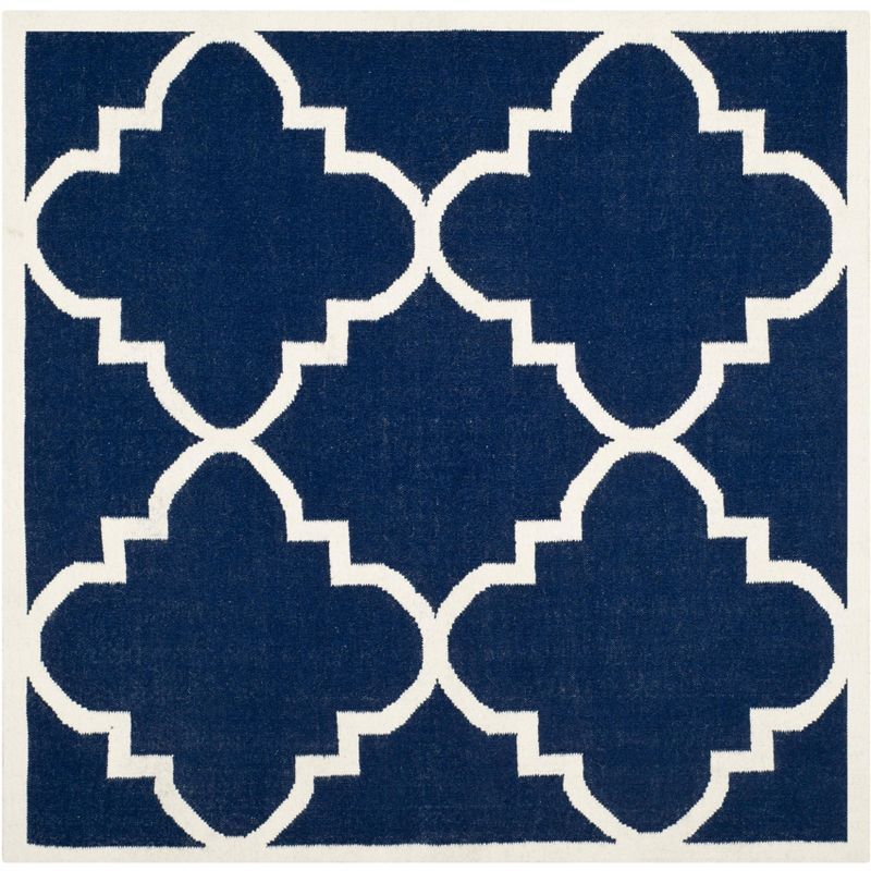 Ivory and Navy Square Handmade Wool Geometric Rug - 6' x 6'