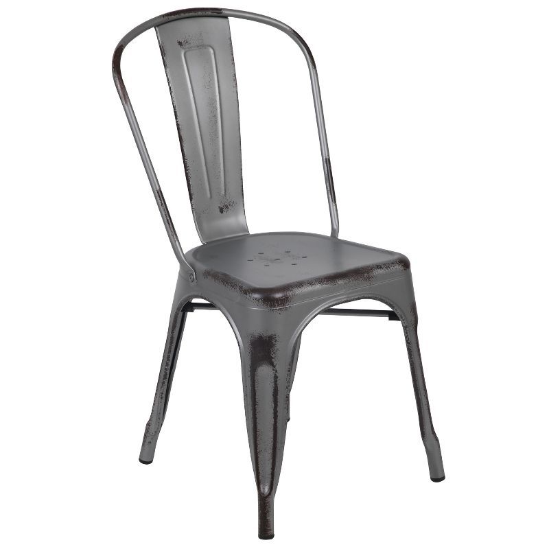 Distressed Silver Gray Metal Indoor-Outdoor Stackable Armless Chair