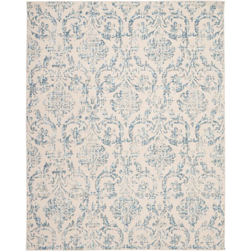 Elegant Ivory and Blue Damask 7' x 10' Synthetic Area Rug