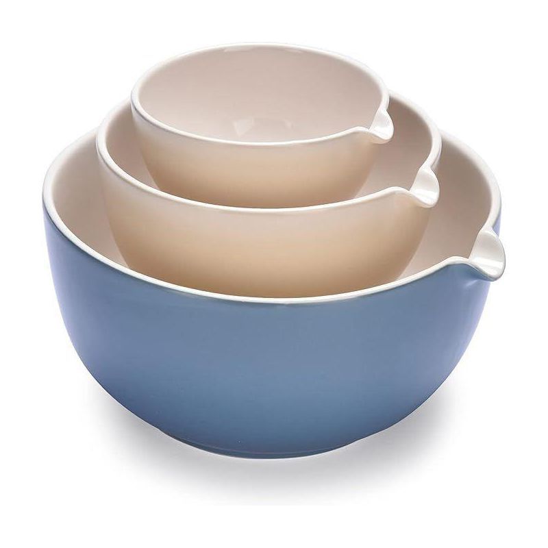 Set of 3 Blue and Beige Ceramic Mixing Bowls with Lids