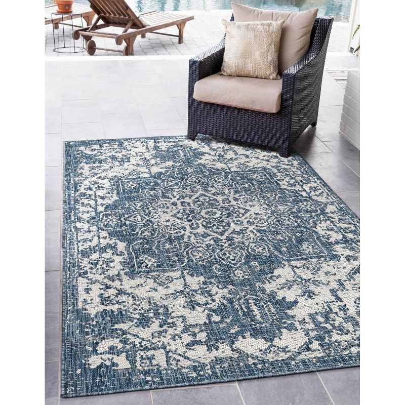 Blue Medallion Easy-Care Outdoor Rectangular Area Rug