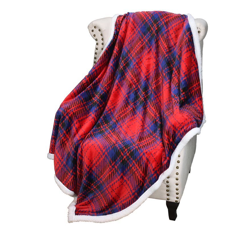 Red Blue Plaid Sherpa Fleece Reversible Throw Blanket, 50x60 inches