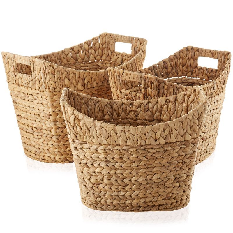 Set of 3 Natural Water Hyacinth Oval Storage Baskets with Handles