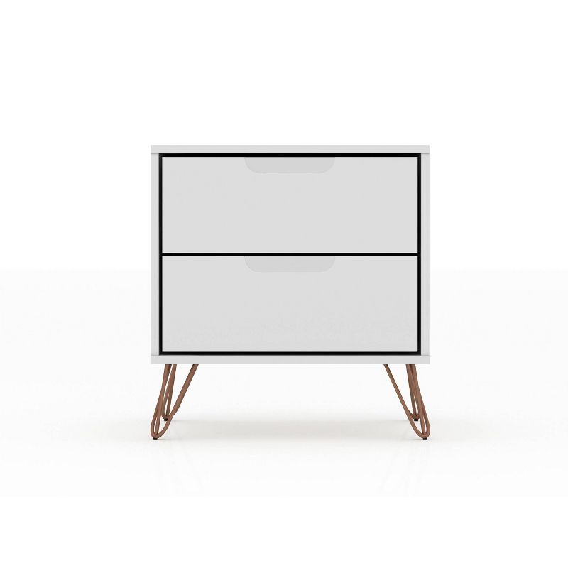 White Mid-Century Modern 2-Drawer Nightstand with Metal Legs